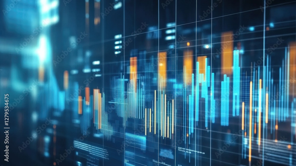 Poster abstract digital data visualization with blue and orange elements representing analytics trends