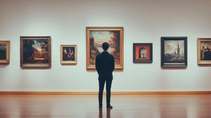 Man admiring paintings in museum
