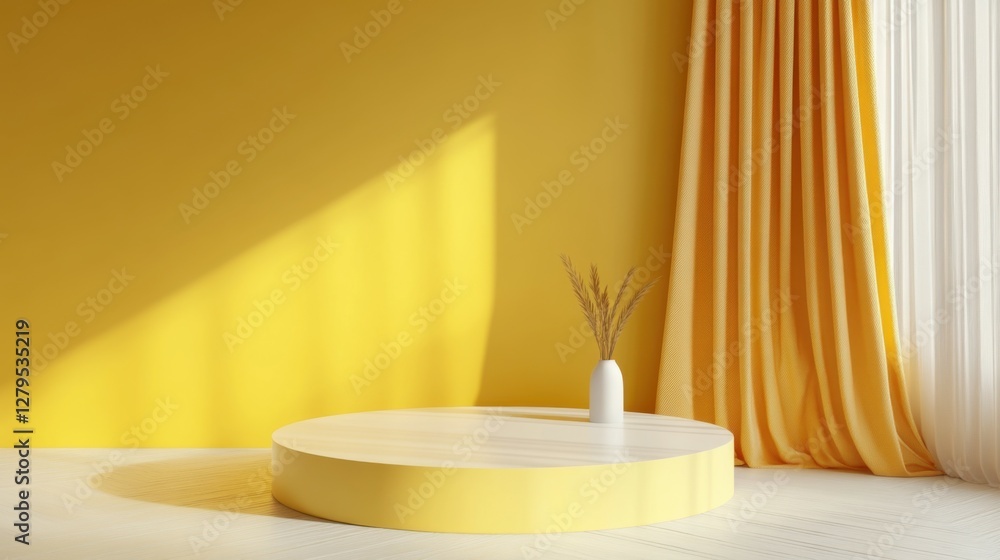 Poster empty room interior design or yellow pedestal display on vivid background with blank stand. blank st
