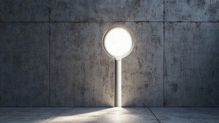 Minimalist interior with circular light fixture illuminating concrete wall, creating a serene atmosphere