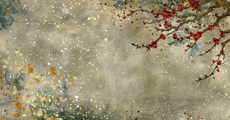 Red Plum Blossoms on a Grunge Background.