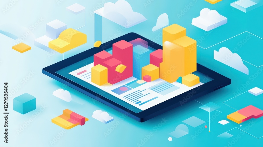 Poster colorful data visualization on a tablet with abstract clouds in a modern digital environment