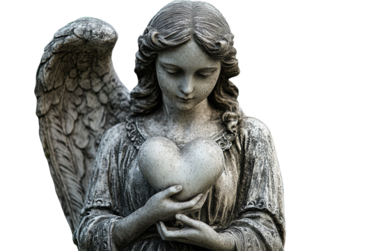 Stone angel holding heart in serene pose