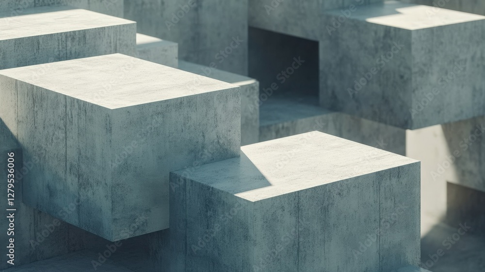 Poster abstract composition of geometric concrete blocks arranged in a modern architectural setting