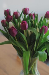 Bouquet of white and purple tulips in a transparent vase