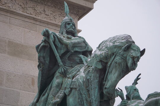Close up of the historic equestrian statue of King Arpad, a Hungarian Magyar, at the landmark Heroes' Square monument in Budapest, Hungary
