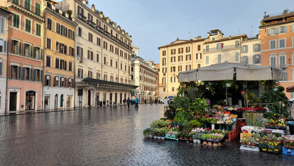Typical buildings of Piazza di Spagna in Rome with plants and flowers stall. Travel, tourism, Italy, architecture, urban, city, europe, travel, cityscape, view, town, old, house, sky