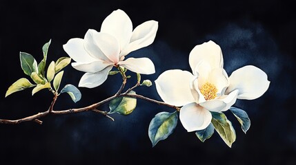 Obraz premium watercolor illustration of white magnolia flower on black background 