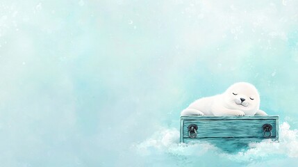 Fototapeta premium A white animal sleeps atop a blue dresser amidst a cloudy sky