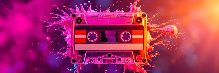 Colorful melting cassette tape music party. Retro style illustration. Creative design concept. Vibrant colors. Groovy vintage nostalgia. Celebration of music. Melting tape, colorful drops, splashes