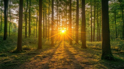 Fototapeta premium Stunning image of sunset in a forest created with Generative AI