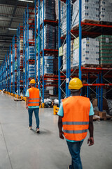 Warehouse workers walking through storage area with inventory on shelves