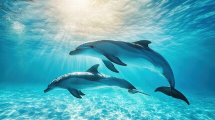 Fototapeta premium Graceful Dolphins Swimming in Crystal Clear Ocean Waters