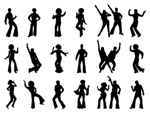 Set of 70s Disco Dancers Silhouette in various poses isolated on white background