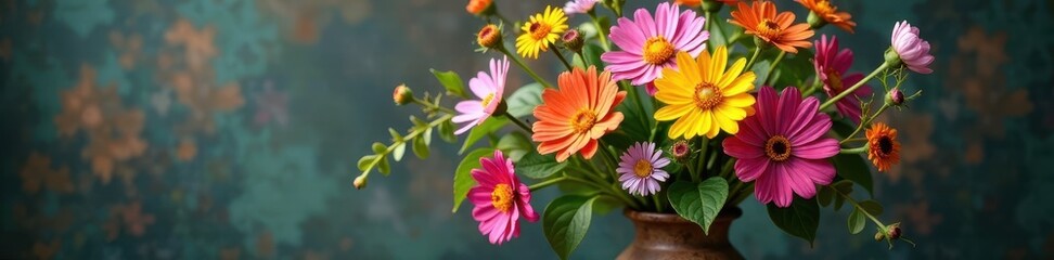 A colorful bouquet of mixed wildflowers in a rustic vase, floral arrangement, blooms, flowering plants