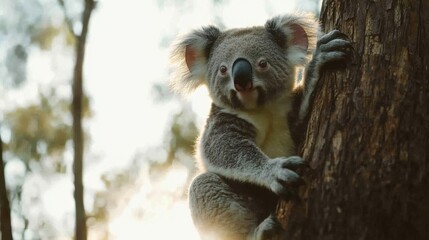 Naklejka premium Koala Climbing Tree in Natural Habitat Under Bright Sunlight