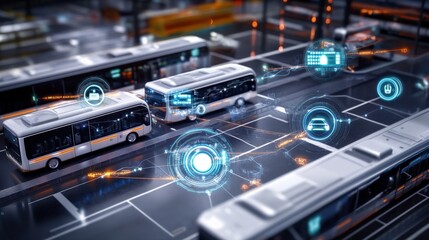 Smart bus transport system urban city digital infrastructure modern environment aerial view intelligent mobility solutions