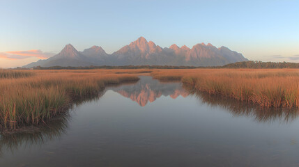 Fototapeta premium Mountain reflection in calm marsh at dawn