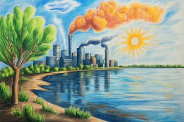 Pencil drawing depicting air pollution problem with smoke from a chimney, a city, and a green tree