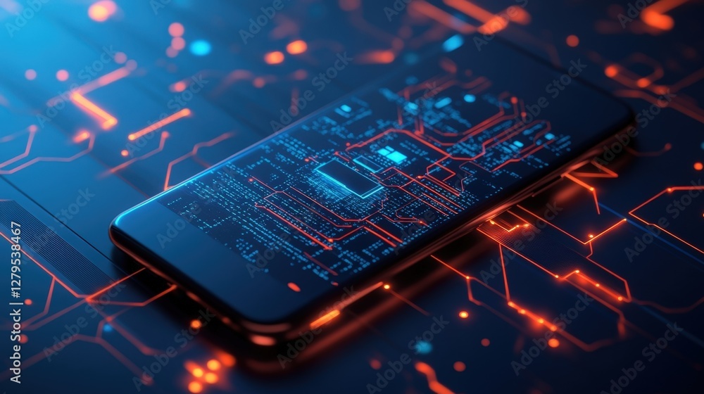 Poster futuristic smartphone is showing an augmented reality holographic projection of an electronic circui