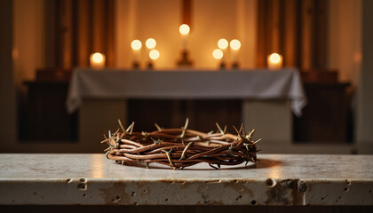 Crown of Thorns on Church Altar with Candlelight