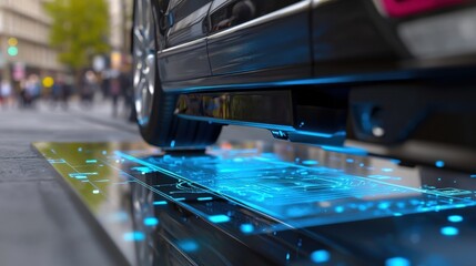 Innovative transportation technology in urban settings smart vehicles on digital roads futuristic design cityscape close-up view