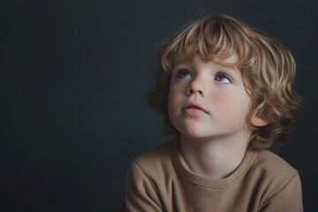 Naklejka premium Portrait of a boy in beige clothing on a black background