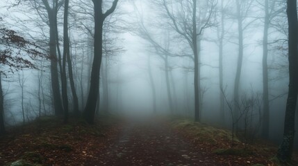Fototapeta premium Misty Forest Path; Peaceful Autumn Woods; Nature Scene; Outdoor Photography; Suitable for Posters, Wallpaper, or Backgrounds