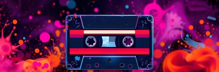 Colorful melting cassette tape music party. Retro style illustration. Creative design concept. Vibrant colors. Groovy vintage nostalgia. Celebration of music. Melting tape, colorful drops, splashes
