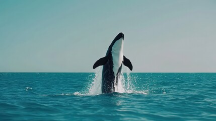 Obraz premium Majestic Whale Breaching the Ocean Surface Under Clear Blue Sky