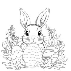 Coloring page for kids , bunny and eggs in the grass and flowers, Easter page