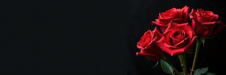 Black background with a bouquet of red roses and empty space, vintage, flower decor