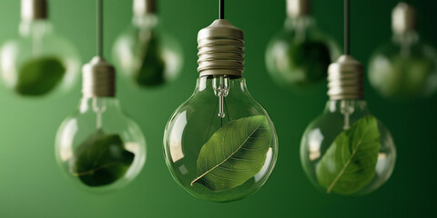 Concept Art of a Biodegradable Lightbulb Covered in Lush Green Leaves, Symbolizing Clean Energy and Environmental Sustainability