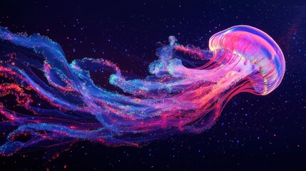 Radiant Jellyfish: Neon Illuminated Marine Creature Against a Dark Canvas with Iridescent Waves