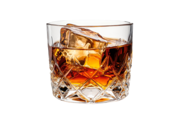 Glass of whiskey with ice cubes on a table