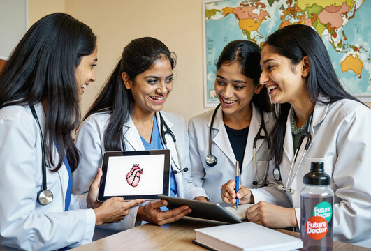 Young Indian Female Medical Students Reviewing Heart Diagram on Tablet