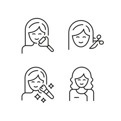 Beauty icons. Set of 4 beauty trendy minimal icons. Example: Haircut, Eyebrow, Perfume icon. Design signs for web page, mobile app, packaging design. Vector illustration.
