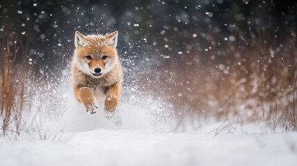 Obraz premium Playful Coyote Jumping Through Snow During Winter Wonderland Scene