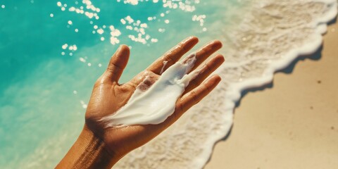 Sunscreen being squeezed onto hand against beach backdrop