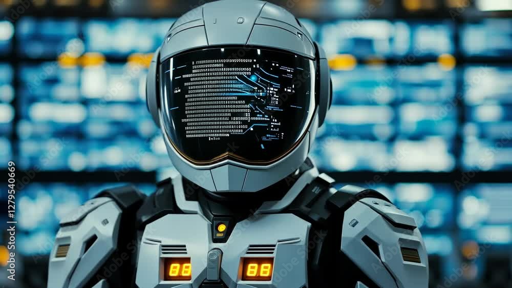 Aufkleber futuristic robot in advanced suit standing before a digital control room filled with screens and dat