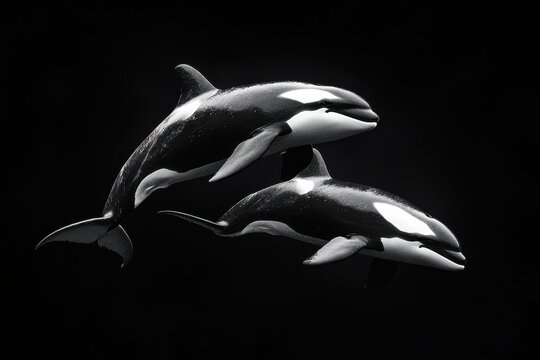 Dynamic Pair of Adult Killer Whales Leaping Gracefully Above Canadian Waters