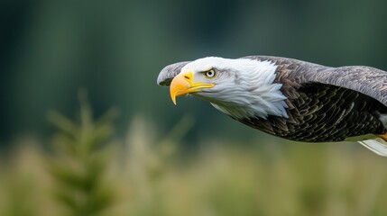 Fototapeta premium Bald eagle soaring in flight against a blurred green forest background during the daytime.