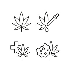 Cannabis icons. Set of 4 cannabis trendy minimal icons. Example: Leaf, Pills, Flask, Bud, Cookie icon. Design signs for web page, mobile app, packaging design. Vector illustration.