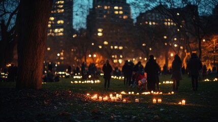 Fototapeta premium City park vigil at night with lit candles