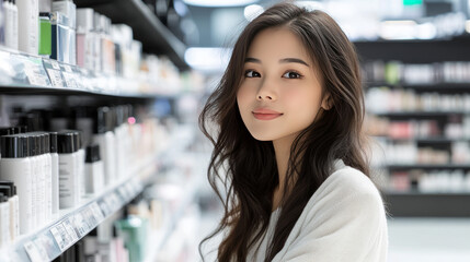 Smiling Asian young woman with long dark hair wearing a white sweater, shopping for beauty products in a cosmetics store. Skincare and personal care concept.