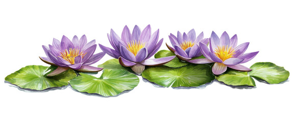 Realistic watercolor illustration of vibrant purple water lilies with lush green lily pads on a white background