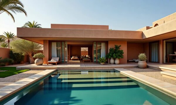 Luxury modern desert villa with private pool, tropical palm trees, minimalist architecture, and stunning mountain views under a clear blue sky. 