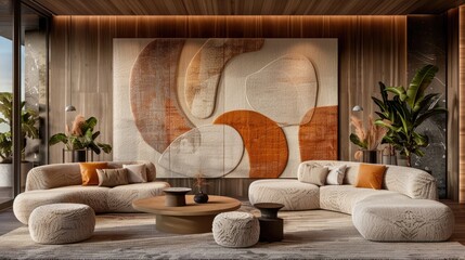 Modern Living Room Interior with Beige and Orange Abstract Wall Art.