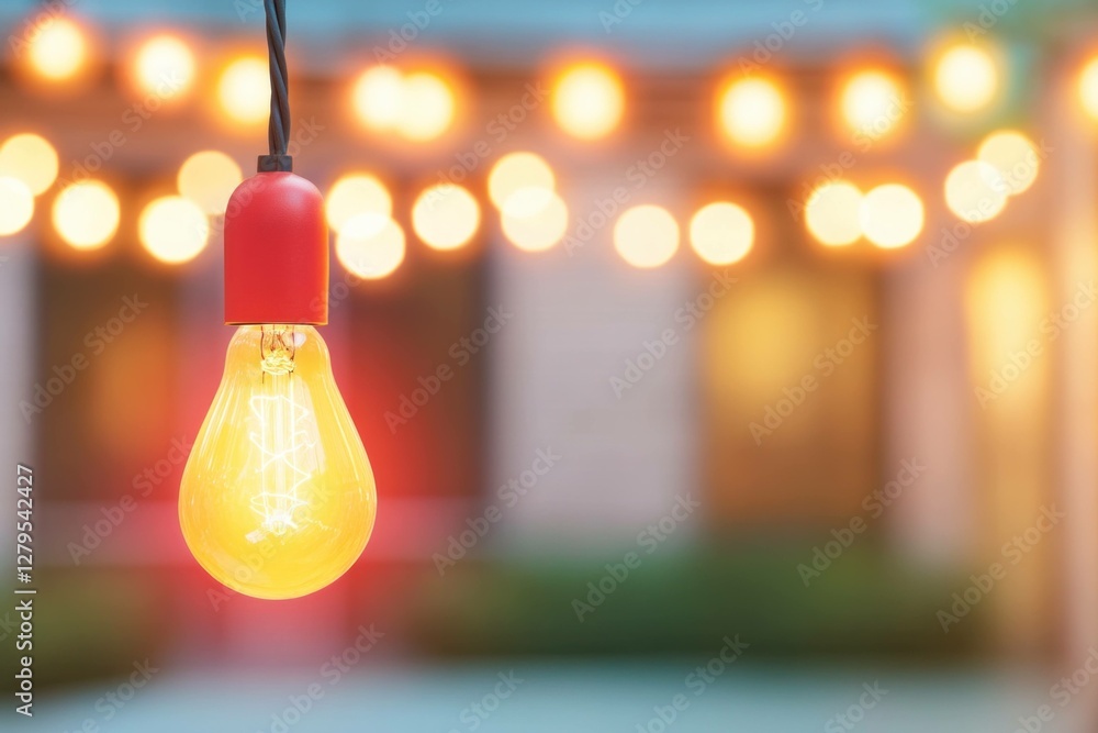 Poster warm glowing light bulb on a blurred background with decorative bokeh lights creating a cozy atmosph