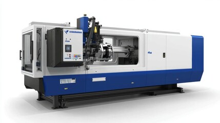 Industrial plastic injection molding machine, white and blue, isolated on white background, for manufacturing use